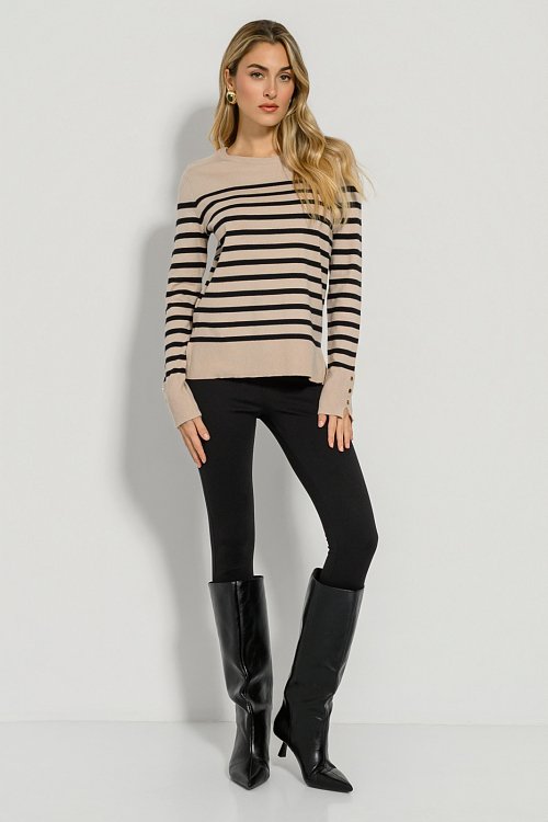 Basic ριγέ πλεκτό με λεπτομέρεια κουμπιών (BEIGE.BLK) φωτογραφία