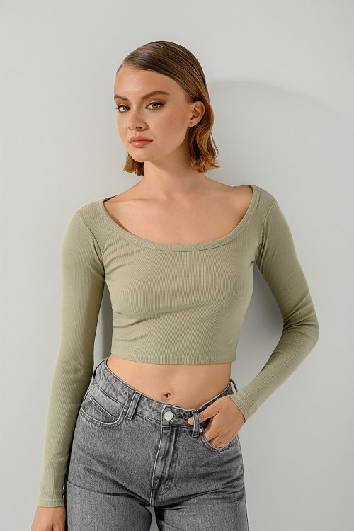 pinkwoman Ριπ κροπ τοπ με μακριά μανίκια (LIGHT KHAKI) - 2