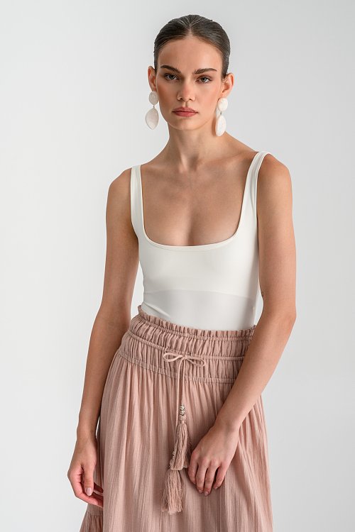 Λύκρα κορμάκι με τετράγωνο ντεκολτέ (OFF WHITE) - pinkwoman - 