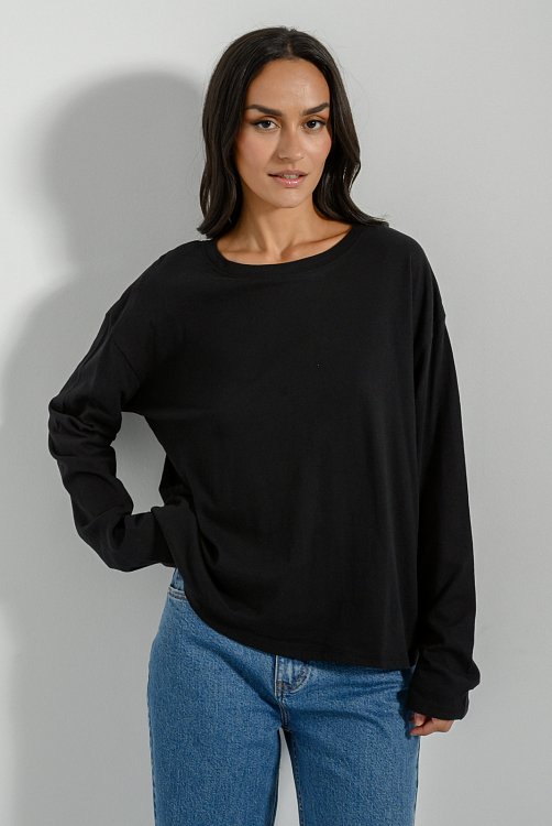 pinkwoman Μακρυμάνικο βαμβακερό basic top (BLACK) - 3