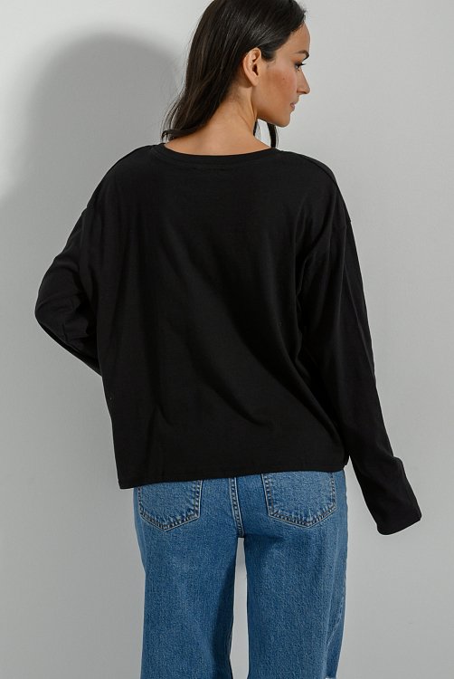pinkwoman Μακρυμάνικο βαμβακερό basic top (BLACK) - 5
