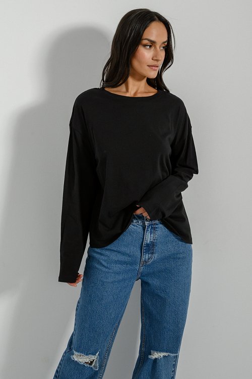 pinkwoman Μακρυμάνικο βαμβακερό basic top (BLACK) - 6