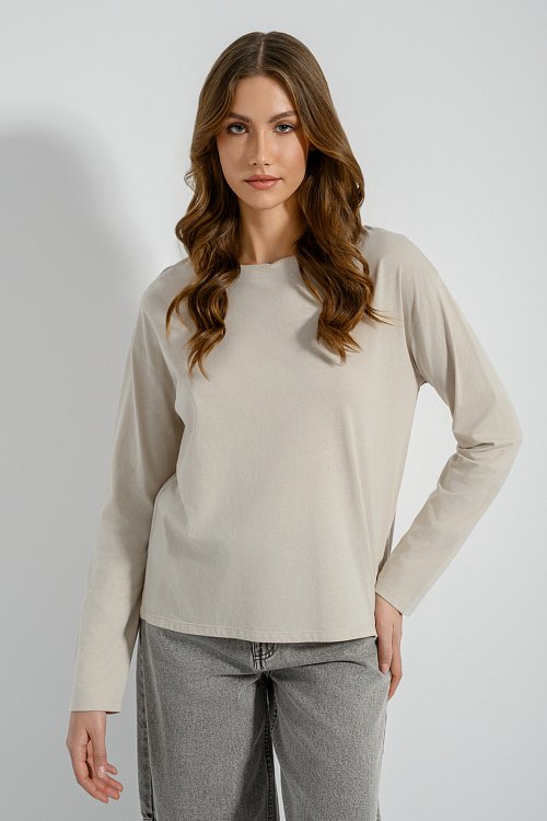 pinkwoman Μακρυμάνικο βαμβακερό basic top (STONE) - 3