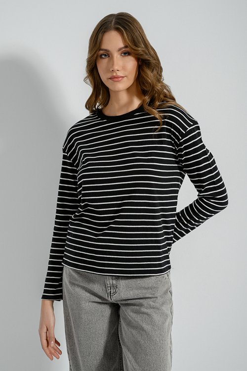 pinkwoman Βαμβακερό ριγέ basic τοπ (BLK/OFFWHT) - 3