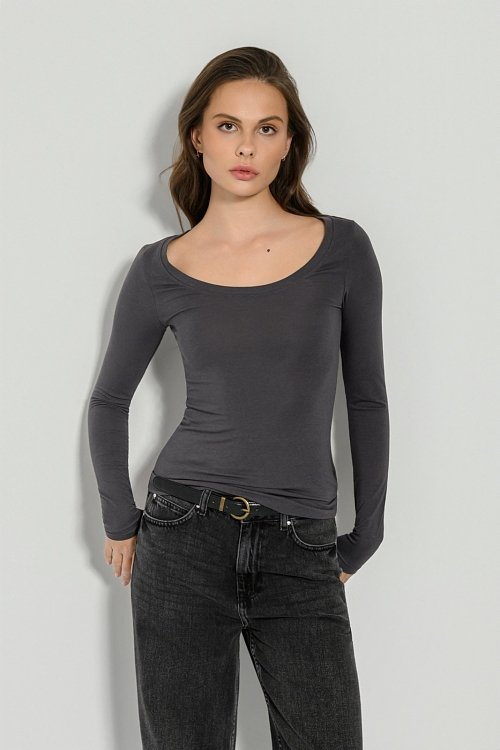 pinkwoman Basic μπλούζα με μακριά μανίκια (ANTHRACITE) - 2