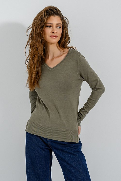 pinkwoman Basic πλεκτό με V ντεκολτέ (KHAKI) - 3