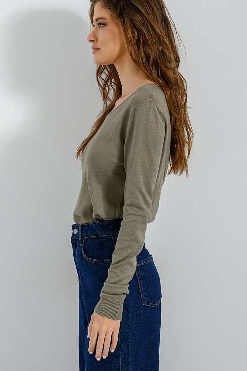 pinkwoman Basic πλεκτό με V ντεκολτέ (KHAKI) - 4