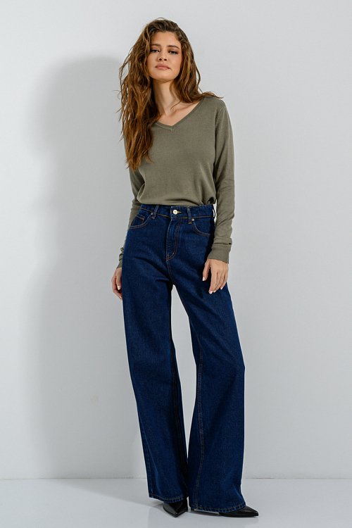 pinkwoman Basic πλεκτό με V ντεκολτέ (KHAKI) - 6