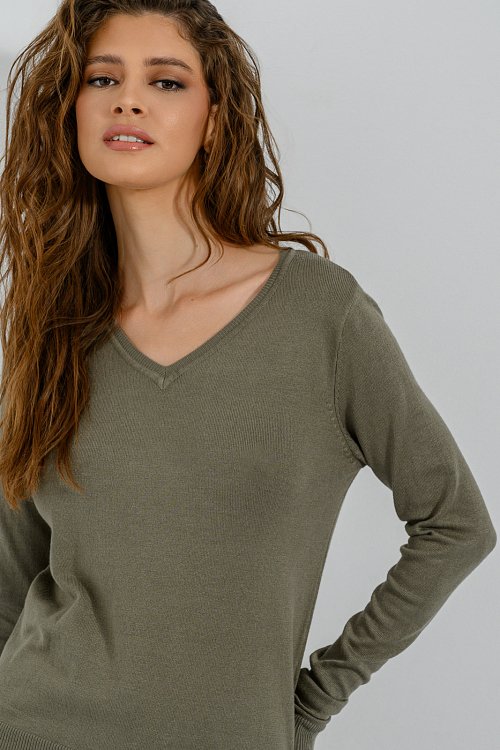 pinkwoman Basic πλεκτό με V ντεκολτέ (KHAKI) - 7