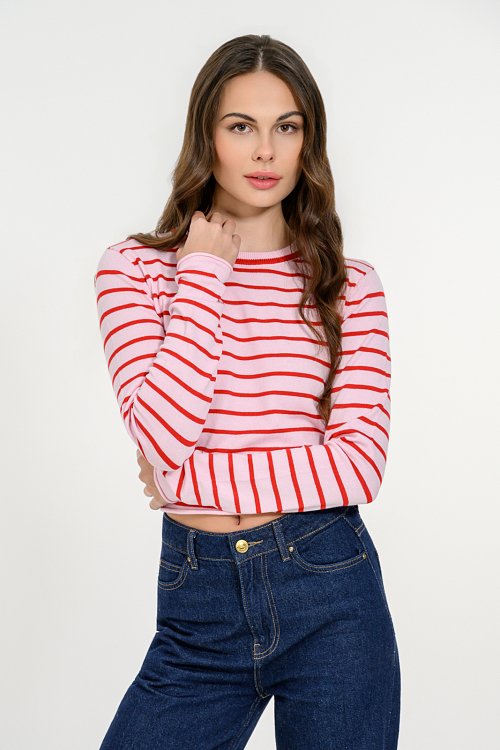 Πλεκτό basic ριγέ κροπ τοπ (PINK.RED)