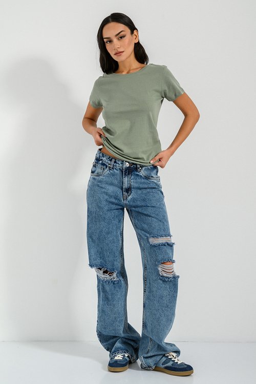 pinkwoman Basic t-shirt με στρογγυλή λαιμόκοψη (KHAKI) - 2