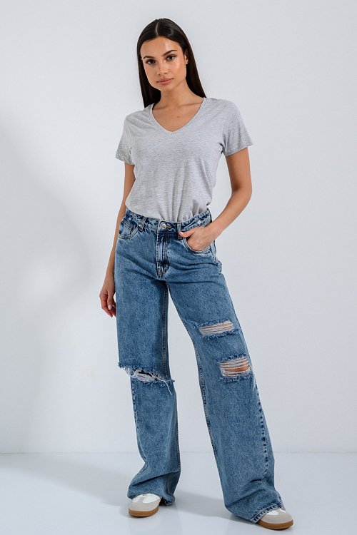 pinkwoman Basic t-shirt με V ντεκολτέ (GRAY MARL) - 2