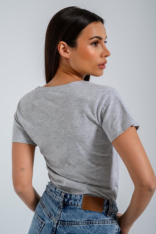 pinkwoman Basic t-shirt με V ντεκολτέ (GRAY MARL) - 4