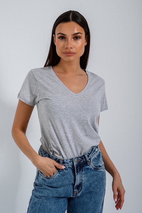 pinkwoman Basic t-shirt με V ντεκολτέ (GRAY MARL) - 5