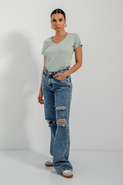 pinkwoman Basic t-shirt με V ντεκολτέ (LIGHT KHAKI) - 2