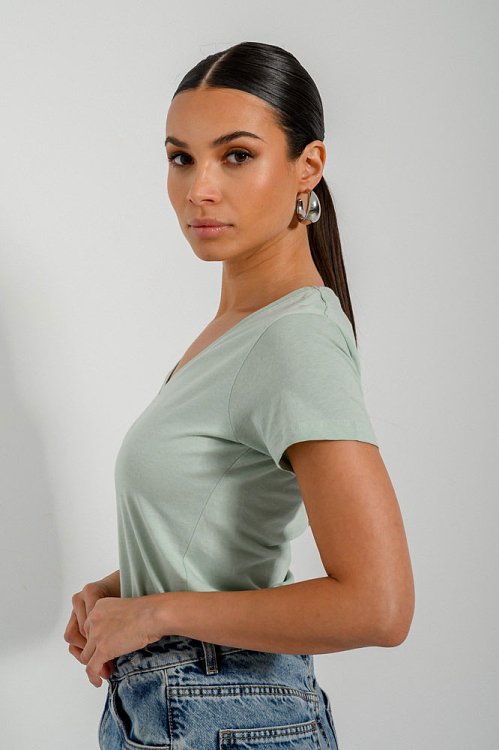 pinkwoman Basic t-shirt με V ντεκολτέ (LIGHT KHAKI) - 3