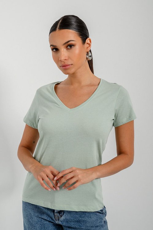 pinkwoman Basic t-shirt με V ντεκολτέ (LIGHT KHAKI) - 5