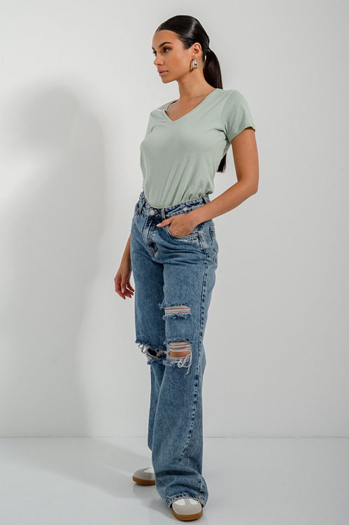pinkwoman Basic t-shirt με V ντεκολτέ (LIGHT KHAKI) - 7