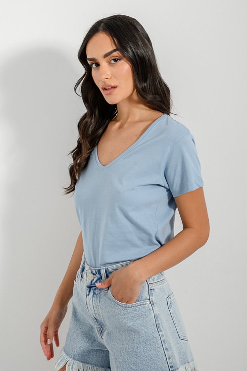 pinkwoman Basic t-shirt με V ντεκολτέ (SKY) - 3