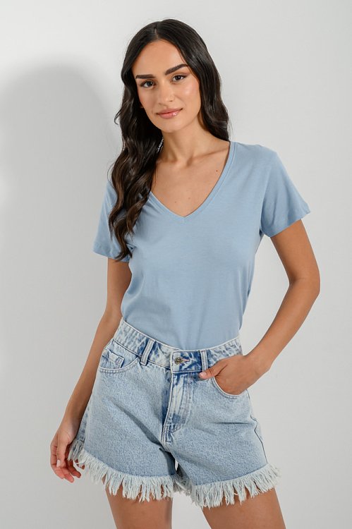 pinkwoman Basic t-shirt με V ντεκολτέ (SKY) - 5
