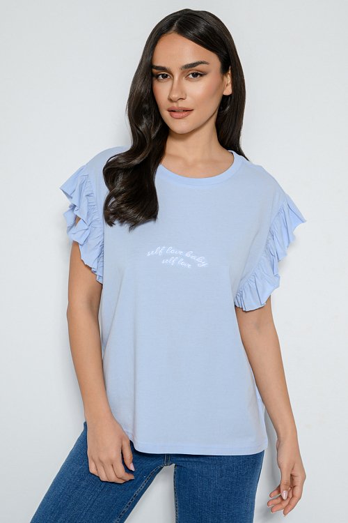 pinkwoman T-shirt με τύπωμα και βολάν στα μανίκια (LIGHT.CIEL) - 3