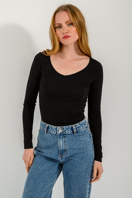 pinkwoman Τοπ με V ντεκολτέ (BLACK) - 4