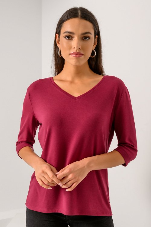 Ρούχα>Μπλούζες>Μπλούζες – Τοπ Basic μπλούζα με 3/4 μανίκια (WINE)