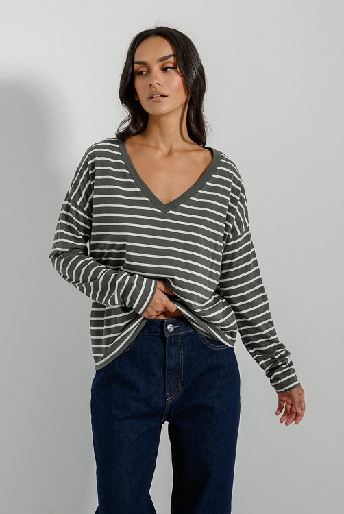 pinkwoman Βαμβακερή basic ριγέ μπλούζα (KHAKI/OFFWHT) - 3