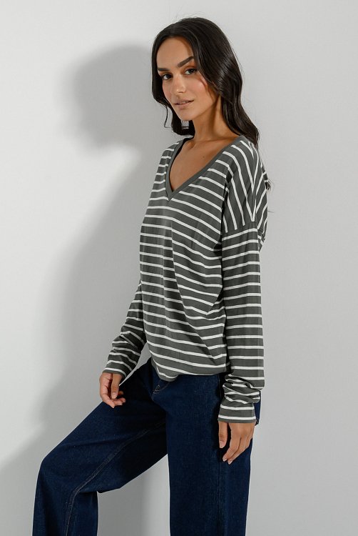 pinkwoman Βαμβακερή basic ριγέ μπλούζα (KHAKI/OFFWHT) - 4