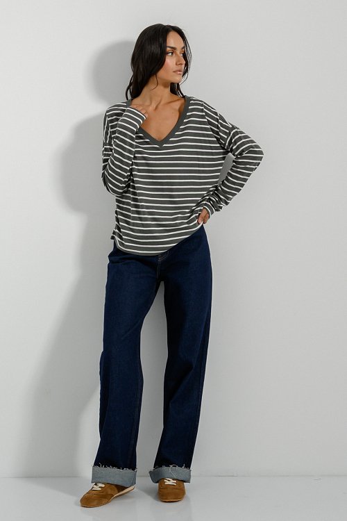 pinkwoman Βαμβακερή basic ριγέ μπλούζα (KHAKI/OFFWHT) - 6