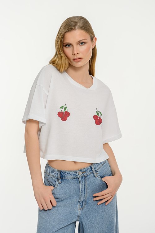 pinkwoman Κροπ t-shirt με τύπωμα (WHITE) - 2
