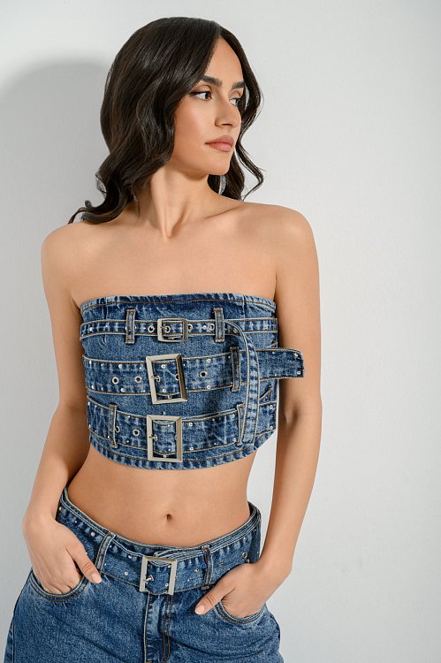 Strapless denim bandeau top with studs