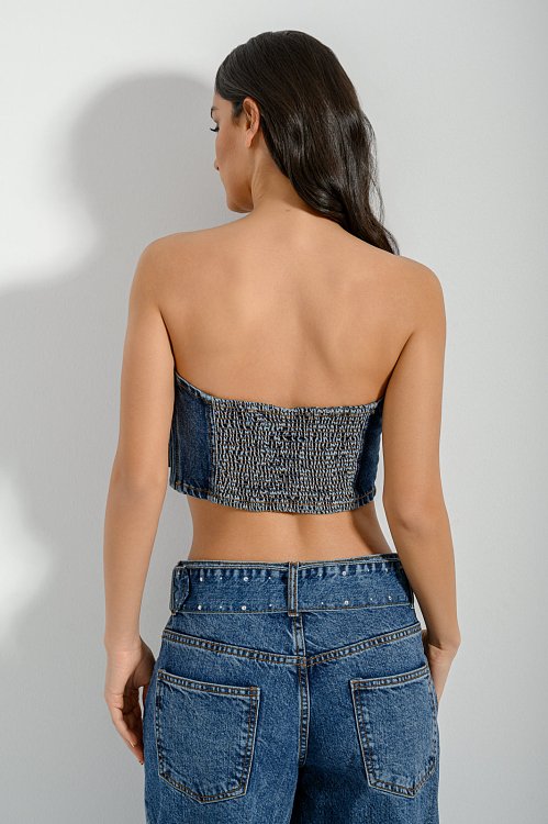 Strapless denim bandeau top with studs