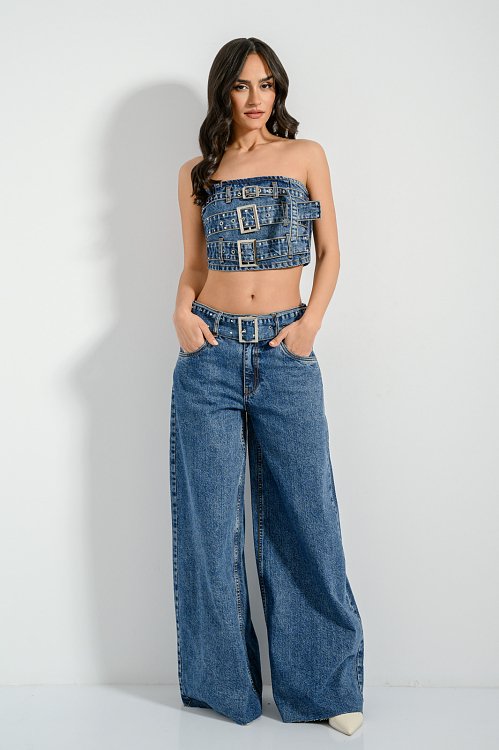 Strapless denim bandeau top with studs