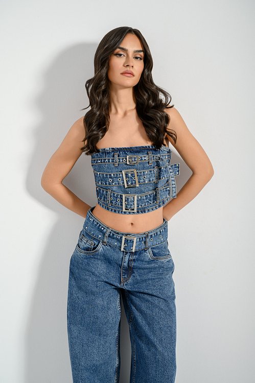 Strapless denim bandeau top with studs
