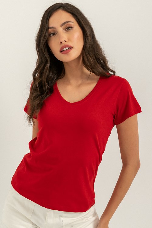 Ρούχα>Μπλούζες>T-Shirt Basic t-shirt με V ντεκολτέ (RED)