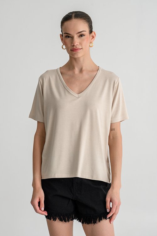 pinkwoman Basic μπλούζα με V λαιμόκοψη (SAND) - 3