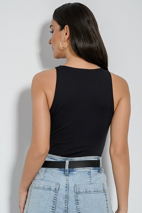 pinkwoman Λύκρα κορμάκι με halter λαιμόκοψη (BLACK) - 5
