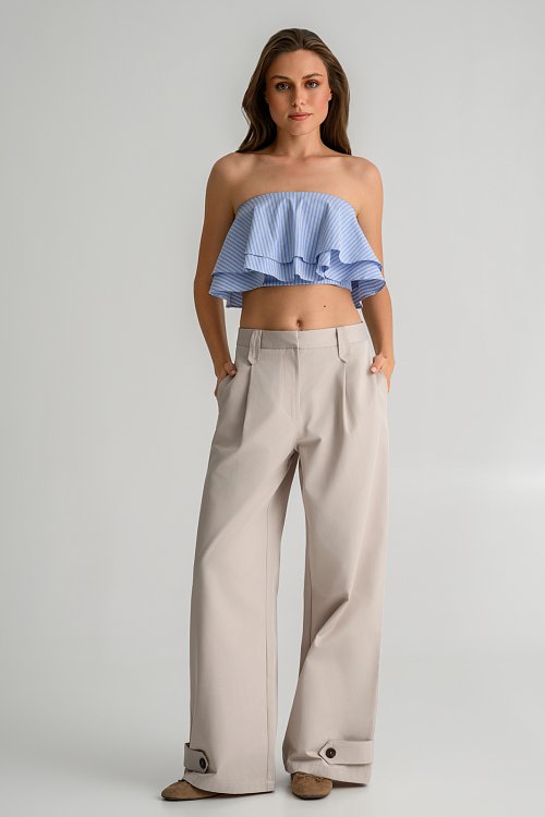 Strapless ριγέ κροπ τοπ ποπλίνα με βολάν