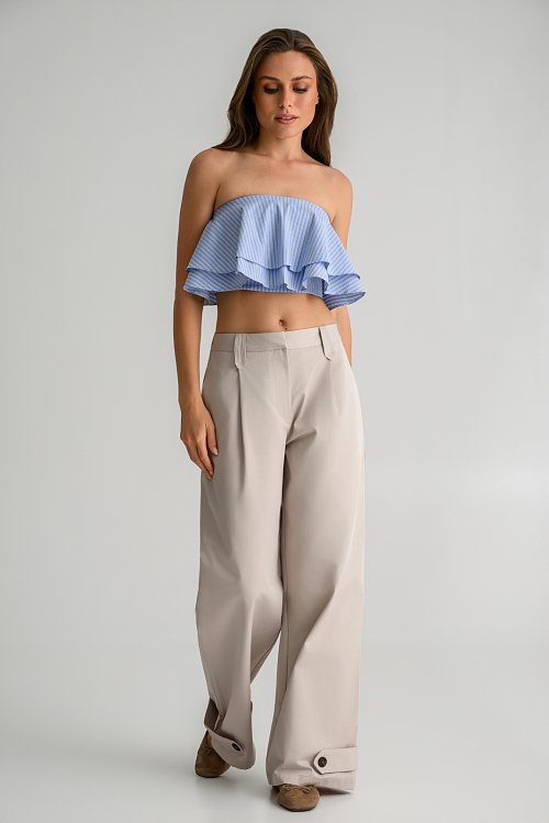 Strapless ριγέ κροπ τοπ ποπλίνα με βολάν