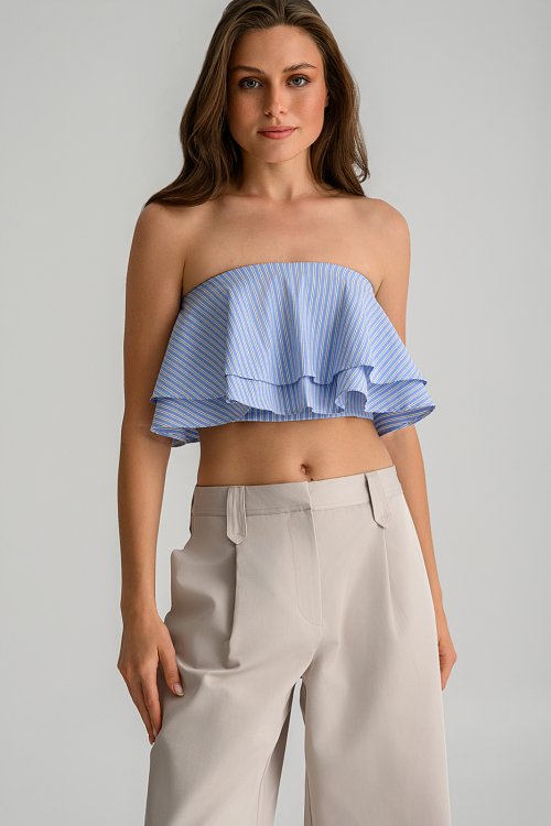 Strapless ριγέ κροπ τοπ ποπλίνα με βολάν
