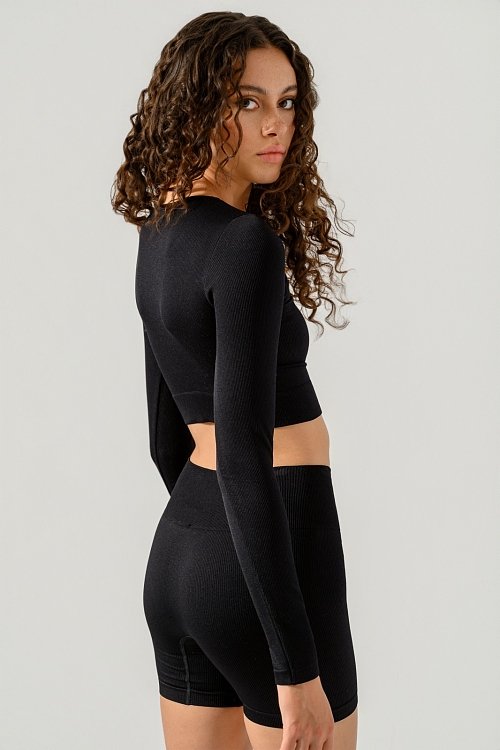 pinkwoman Ριπ μακρυμάνικο κροπ τοπ χωρίς ραφές (BLACK) - 4