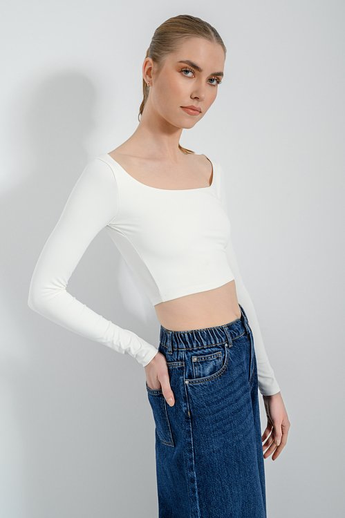 pinkwoman Λύκρα κροπ τοπ με μακριά μανίκια (OFF WHITE) - 3
