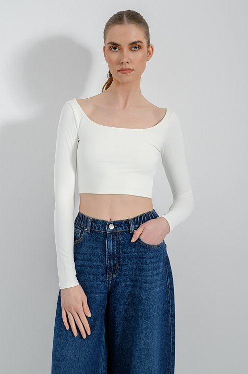 pinkwoman Λύκρα κροπ τοπ με μακριά μανίκια (OFF WHITE) - 5
