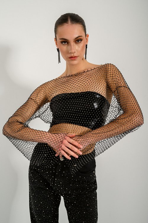 Chain mesh cropped top with strass details