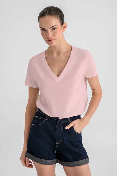 Basic t-shirt με V λαιμόκοψη (LIGHT PINK)