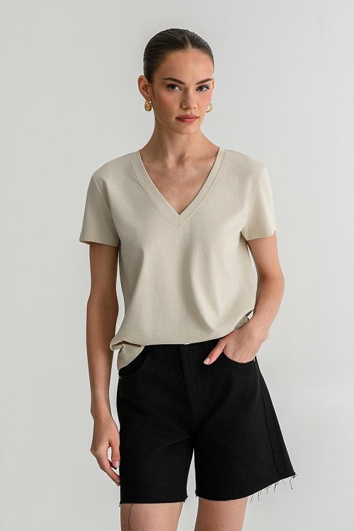 Basic t-shirt με V λαιμόκοψη (STONE) - pinkwoman - 
