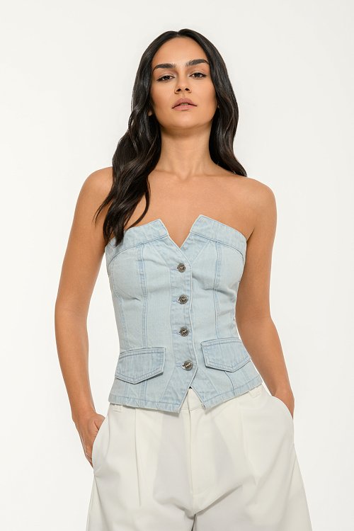 pinkwoman Ντένιμ strapless μπούστο σε στυλ κορσέ (LIGHT BLUE) - 3