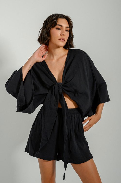 Μπλούζα κροπ τοπ με δέσιμο και μανίκια 3/4 (BLACK) - pinkwoman - 