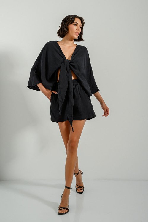Μπλούζα κροπ τοπ με δέσιμο και μανίκια 3/4 (BLACK)